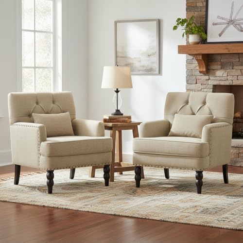 Tufted Club Chair Set of 2 with Lumbar Pillow,Accent Chair Upholstered Button Armchair, Linen Fabric Sofa Chairs for Bedroom, Living Room, Mid Century Modern Reading Chair,Brown