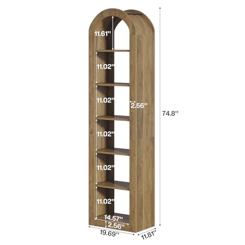 74.8" Tall Arched Bookshelf, 6-Tier Narrow Open Bookcase, view 3