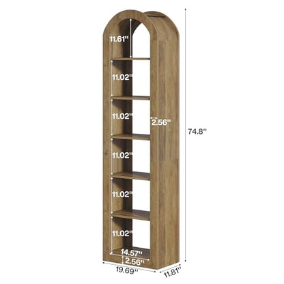 74.8" Tall Arched Bookshelf, 6-Tier Narrow Open Bookcase, view 3