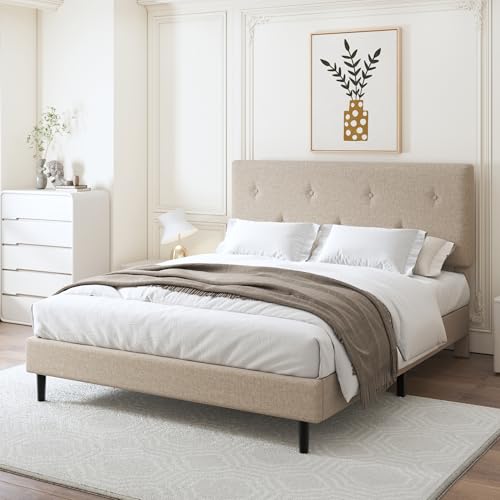 Queen Size Linen Bed Frame with Adjustable Headboard Beige, view 5