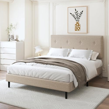 Queen Size Linen Bed Frame with Adjustable Headboard Beige, view 5