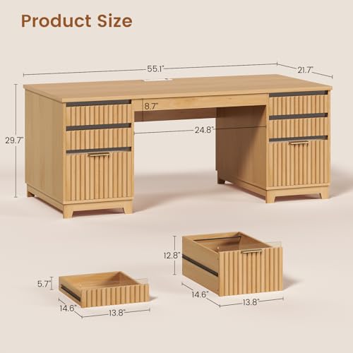 55.1" Fluted Office Desk with 6 Drawers, Modern Executive Desk with Acrylic File Drawers, Computer Desk with Power outlets for Home Office and Study, Natural
