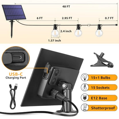 48FT Solar Powered String Lights, Outdoor Waterproof Patio Light with 15+1 Shatterproof LED G40 Bulbs, String Light for Backyard Balcony-Black