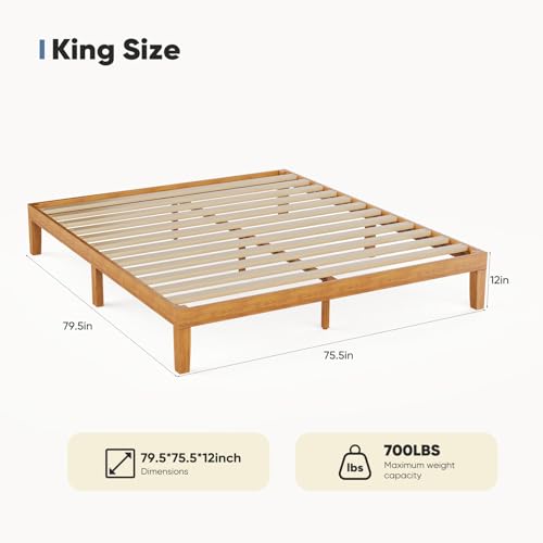 Solid Wood Platform King Size Bed Frame, 12IN, 700LBS, view 3