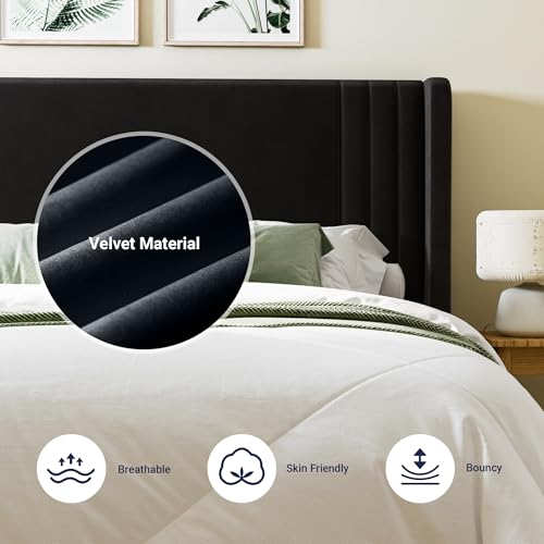 King Size Velvet Platform Bed Frame, Tall Wingback Headboard, Black, view 6