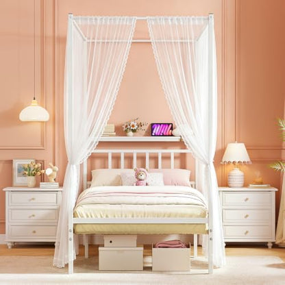Twin Canopy Bed Frame with Storage Headboard Minimalist Style 4 Posters Bed, view 4