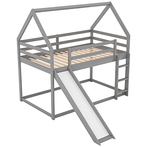 Twin Over Twin Low House Bunk Bed Frame with Slide, Gray | Wood twin over twin, roof, guardrail and ladder, for kids boys girls, wood slat support, safety guardrails and ladder