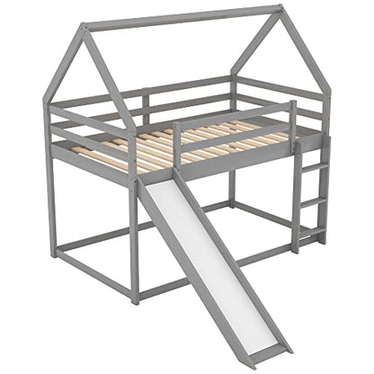 Twin Over Twin Low House Bunk Bed Frame with Slide, Gray | Wood twin over twin, roof, guardrail and ladder, for kids boys girls, wood slat support, safety guardrails and ladder