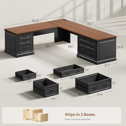 Farmhouse 78.8" L Shaped Desk with 6 Drawers, Home Office Desk with Power Outlet, view 3