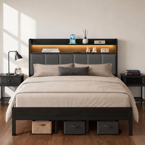 King Upholstered Metal Platform Bed Frame with RGB LED & Charging, view 2