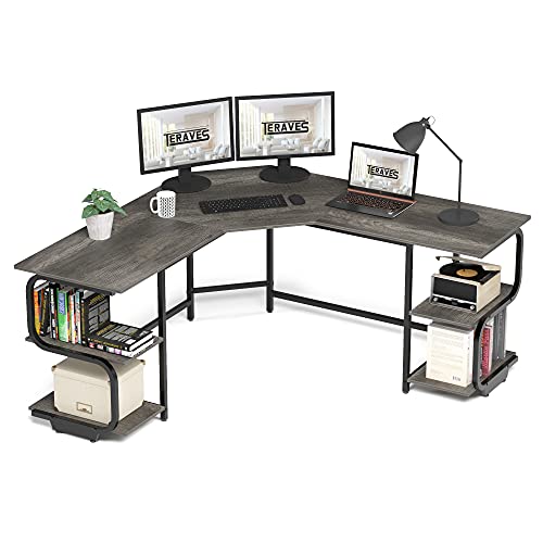 Modern L Shaped Desk with Shelves,64.84" Gaming Computer Desk for Home Office,Corner Desk with Desktop (Black Oak+Black Frame, Large+4 Tier Shelves)