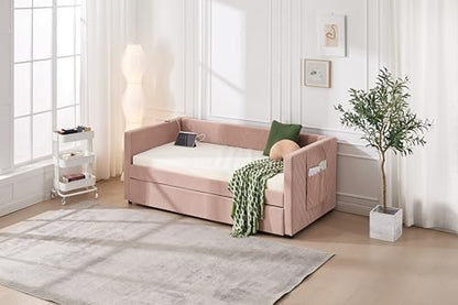 Twin Size Upholstered Daybed with Trundle,USB Port,Side Pockets, V Grained backrest Design,No Box Spring Needed, for Bedroom, Guest Room (Pink, Twin)