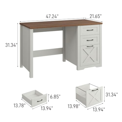 Farmhouse 47” Executive Desk with A File Drawer, Unique White, view 3