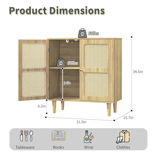 Rattan Sideboard Buffet Cabinet with Storage,Boho Credenza Accent Cabinet with 2 Magnetic Doors and Adjustable Shelves and Solid Wood Legs for Dining Room, Entryway, 31.5" x 15.8" x 34.6"