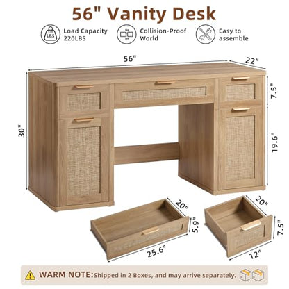 56" Rattan Office Desk with 3 Drawers & 2 File Cabinets, Natural, view 3