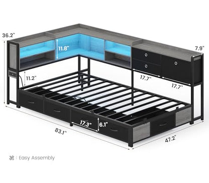 Corner Bed Frame with Charging Station & Led Lights, Twin Bed Frame with 8 Storage Drawers & Bookcase, Twin Daybed with Storage Headboard for Kids Guests, Black & Gray