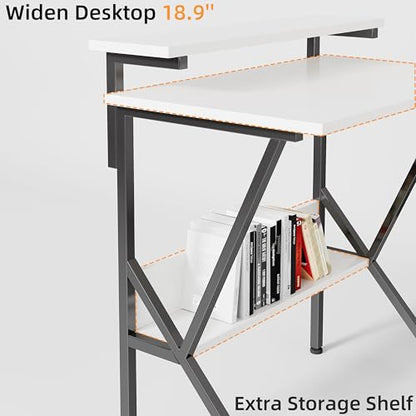 Small Desk, Small Computer Desk for Spaces, 27.5 Inch Computer Desk with Adjustable Monitor Stand, Compact Desk with Storage for Bedroom Home Office, White Tabletop+Black Frame