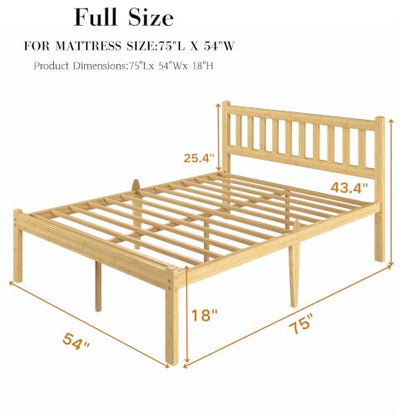 18 Inch Solid Bamboo Wood Full Bed Frame with Headboard, view 3