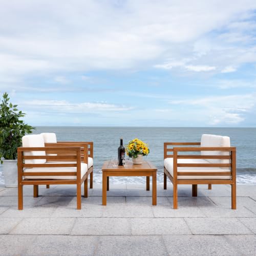 SAFAVIEH Outdoor Collection Kinnell Natural/Beige Cushion Solid Wood 4-Piece Conversation Patio Set