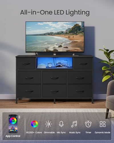 SONGMICS BELLAH Collection - Dresser for Bedroom with Outlets and LED Lights, TV Stand for TVs Up to 55 Inches, Chest of Drawers, 8 Drawers, Steel, Industrial, Modern, Ink Black ULGS433BH02S
