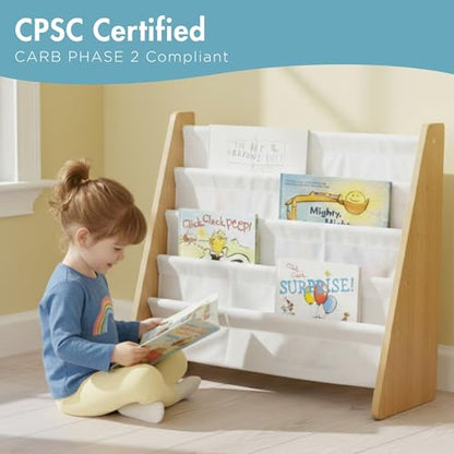 Kids Bookshelf, 4-Tier Front-Facing Book Display Organizer, Montessori Toddler Bookcase for Playroom, Bedroom & Reading Corner, Natural Wood/White