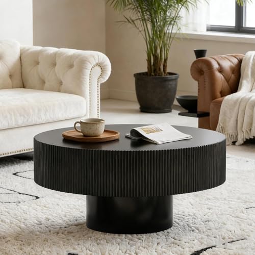 30.9” Black Fluted Drum Table-Round Wood Coffee Table | Low Profile Circle Accent Table for Small Space, Living Room