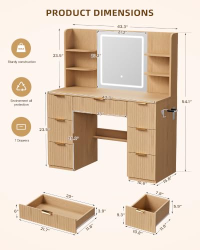 43" Large Natural Wood Makeup Vanity Desk with Charging Station, view 3