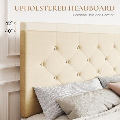 Upholstered Queen Size Platform Bed Frame with 4 Storage Drawers, Adjustable Headboard with Diamond Stitched Button Tufted Design, Wooden Slat Support, No Box Spring Needed, Beige