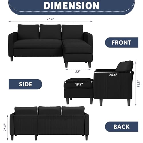 L Shaped Sectional Sofa Couch,Convertible Modular Sofas with Movable Ottoman,3-Seat Upholstered Corduroy Couch,Small Couches for Living Room,Apartment,Office(Black)