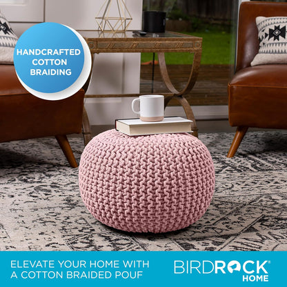round Pouf Ottoman | Cotton Braided Foot Stool with Bean Bag Filling | Boho Foot Rest for Living Room & Bedroom | Compact & Comfortable Seating, Lightweight & Soft | Dusty Rose