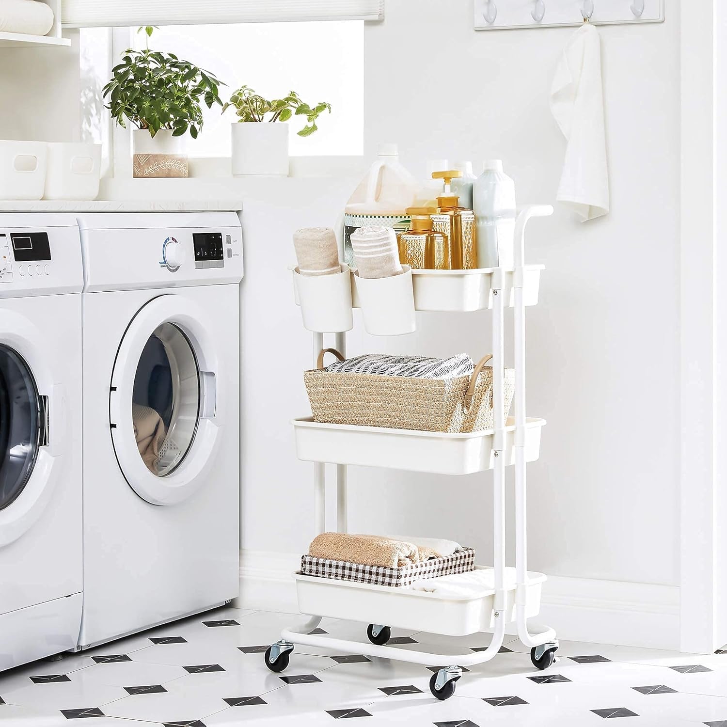 Rolling Cart, 3-Tier Storage Cart, Storage Trolley with Handle 2 Small Organizers, Steel Frame, Plastic Baskets, Utility Cart, Easy Assembly, for Bathroom Laundry Room, White UBSC067W01