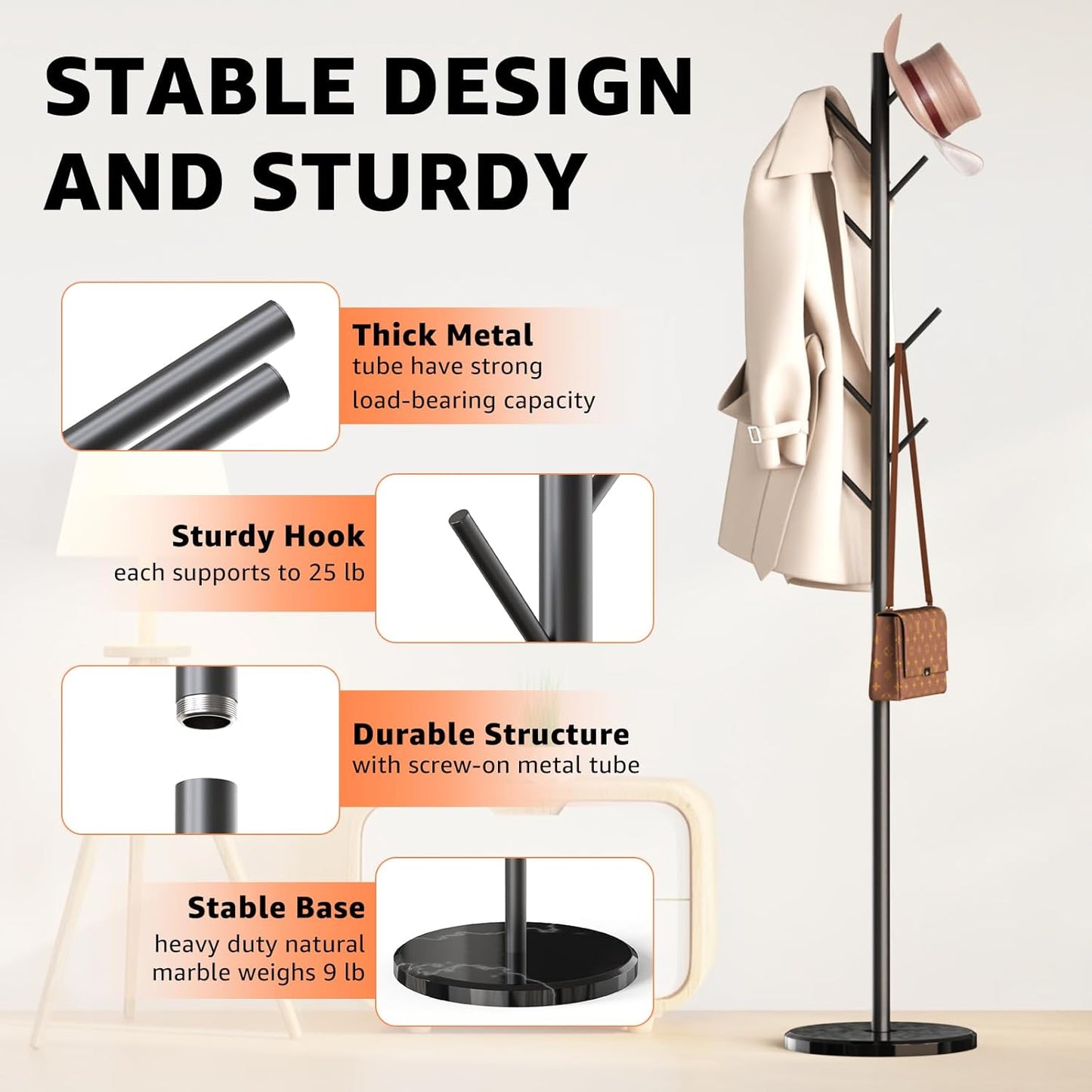 Coat Rack with Natural Marble Base, Metal Freestanding Coat Rack with 8 Hooks, 3 Adjustable Size Sturdy Coat Tree for Bags, Coats, and Hats for Entryway, Hallway, Bedroom, Office, Black