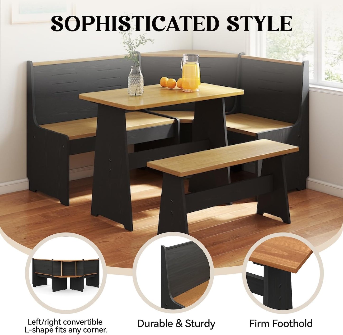 Breakfast Nook Corner Dining Table Kitchen Bench Chair Set, Space-Saving 3-5 People Seat Reversible L-Shape for Family Home Black Wood