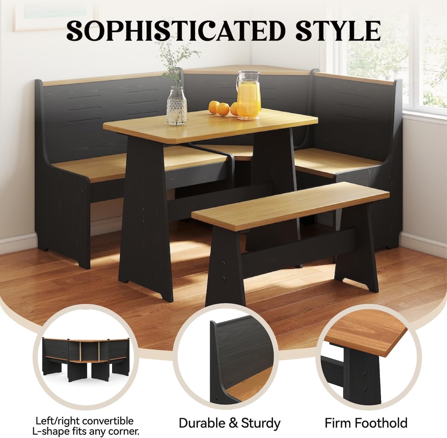 Breakfast Nook Corner Dining Table Kitchen Bench Chair Set, Space-Saving 3-5 People Seat Reversible L-Shape for Family Home Black Wood