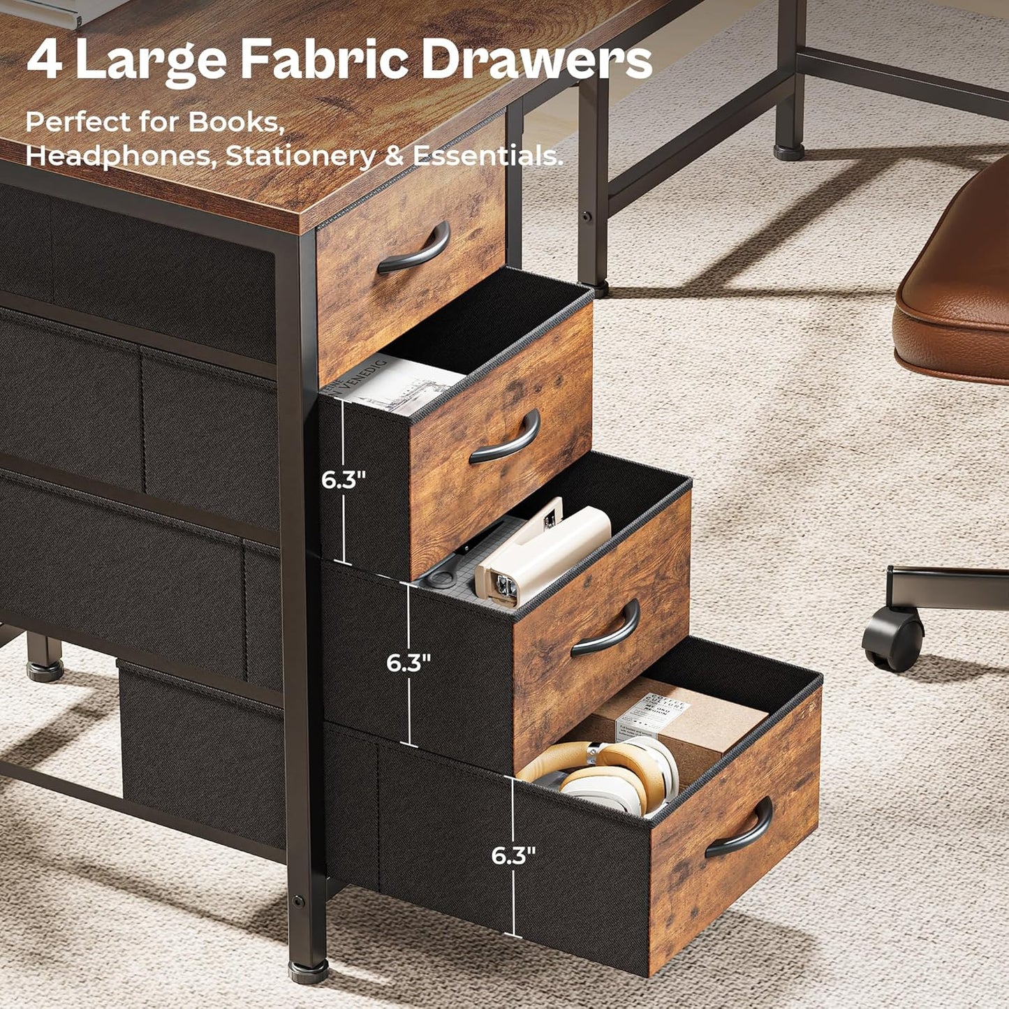 63 Inch L Shaped Desk with Fabric Drawers, Computer Office Desk with Power Outlets and USB-C Port, Corner Desk with Storage Shelves, for Gaming Work Study Home Office, Reversible, Rustic Brown