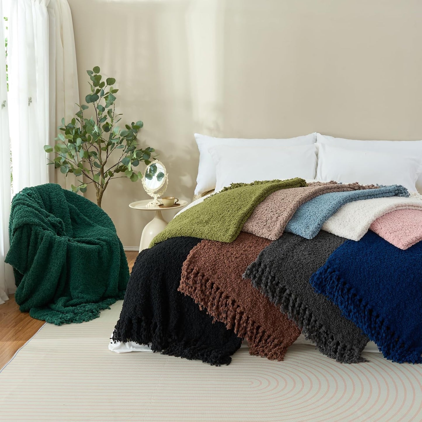 Throw Blanket for Couch, Taupe Tan Luxury Knitted Throws 50"X60", Textured Blankets with Handmade Fringe Tassels for Bed Sofa Decorative, Chunky Soft Farmhouse Boho Home Decor