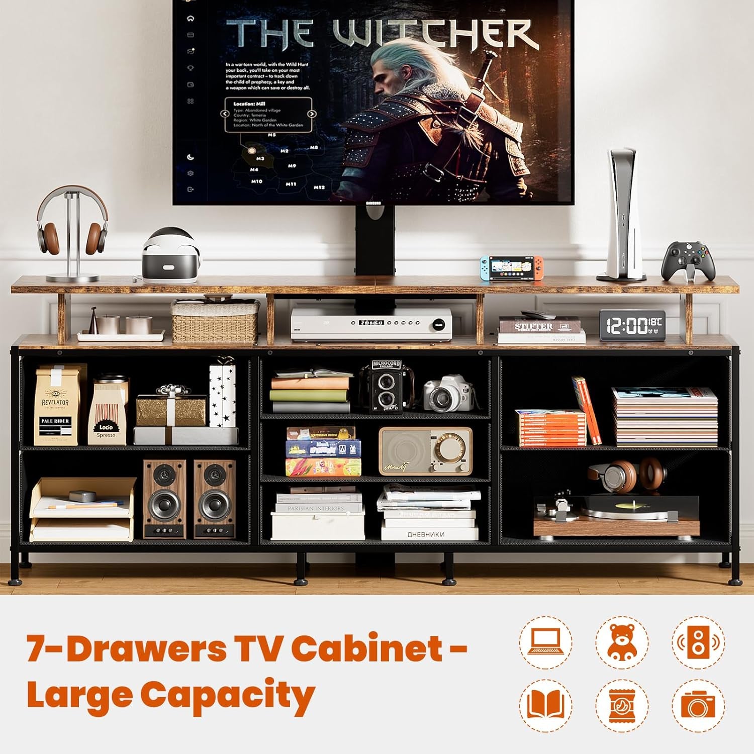 TV Stand with Mount, 63" Entertainment Center for 32/45/55/60/65/70 Inch Tvs, Media Console Table with 7 Drawers, Height Adjustable Mount, Dresser TV Stand for Living Room, Rustic Brown