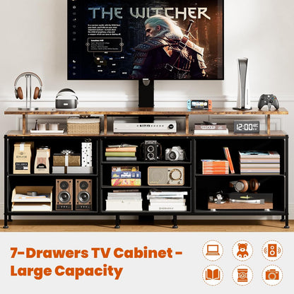 TV Stand with Mount, 63" Entertainment Center for 32/45/55/60/65/70 Inch Tvs, Media Console Table with 7 Drawers, Height Adjustable Mount, Dresser TV Stand for Living Room, Rustic Brown