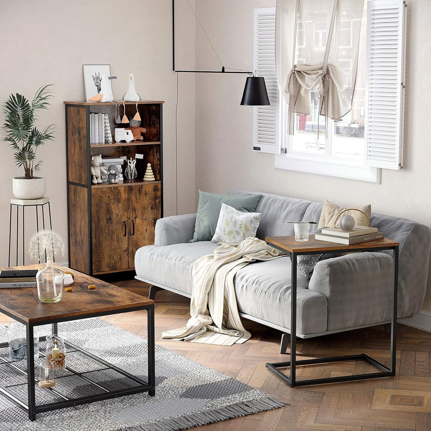 C Shape End Table, Small Coffee Table for Couch or Sofa, Industrial Side Table in Living Room, Bedroom, 13.8 X 21.7 X 26 Inches, Rustic Brown and Black ULNT52BX
