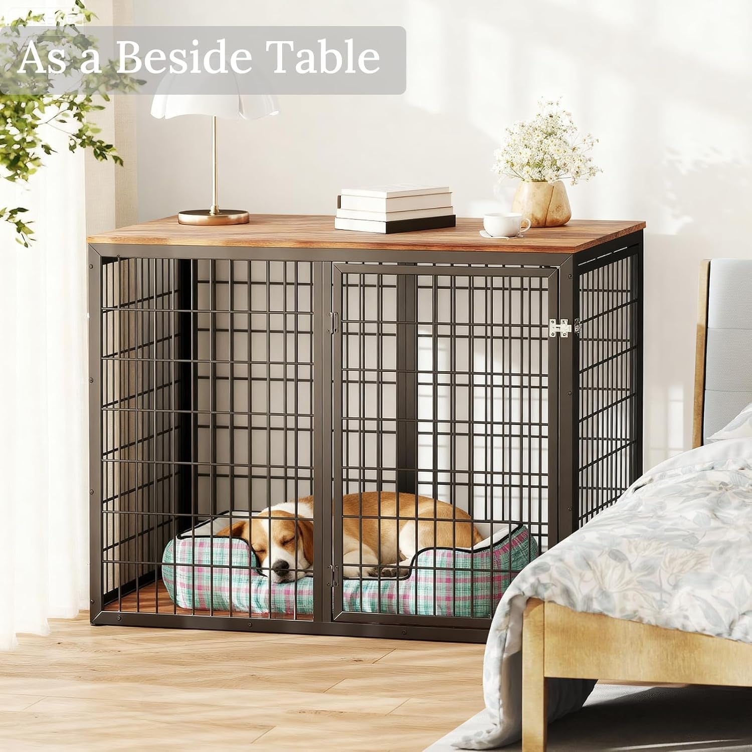 48" Dog Crate Furniture for Medium Large Dogs, Indestructible Large Dog Kennel Indoor with 3 Doors, Wooden Dog Cage Side End Table, Heavy Duty XL Dog Crate, Brown