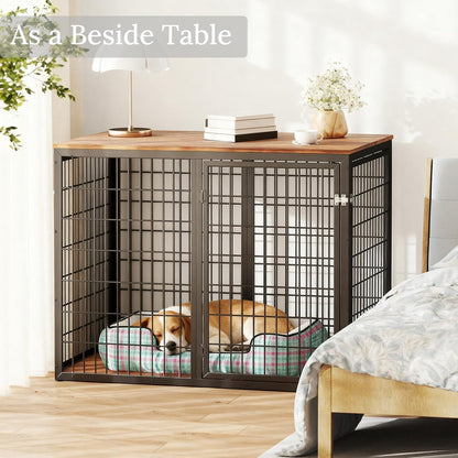 48" Dog Crate Furniture for Medium Large Dogs, Indestructible Large Dog Kennel Indoor with 3 Doors, Wooden Dog Cage Side End Table, Heavy Duty XL Dog Crate, Brown