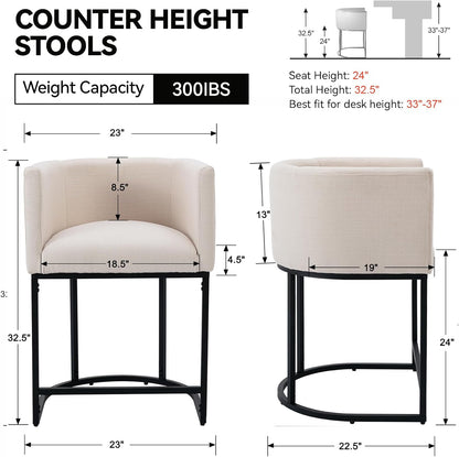Cream linen upholstered counter height bar stools set of three with black metal base, view 2