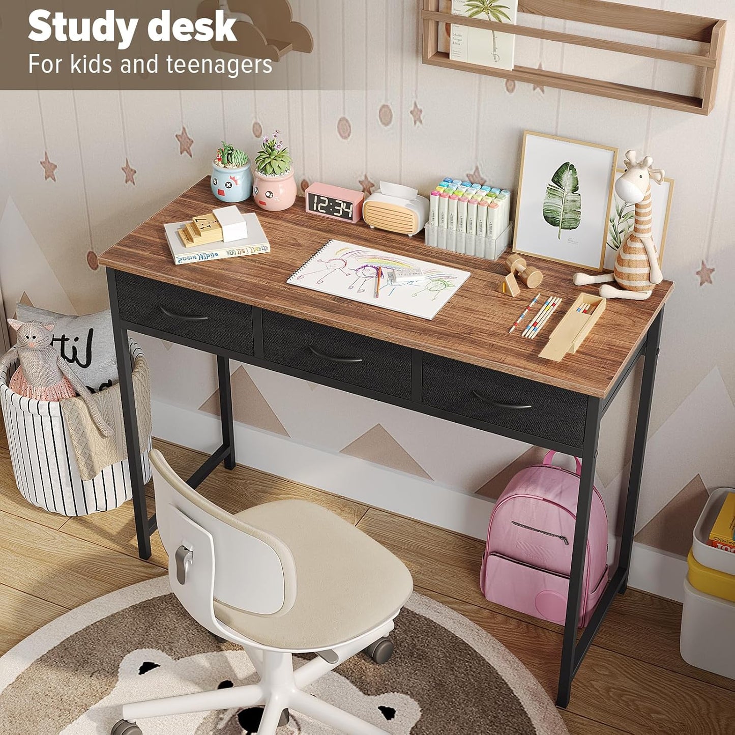 Computer Desk with Drawers, 39.3 Inch Small Vanity Desk with Storage, Home Office Bedroom Desk for Small Spaces, Modern Work Writing Study Gaming Tables, Rustic Brown