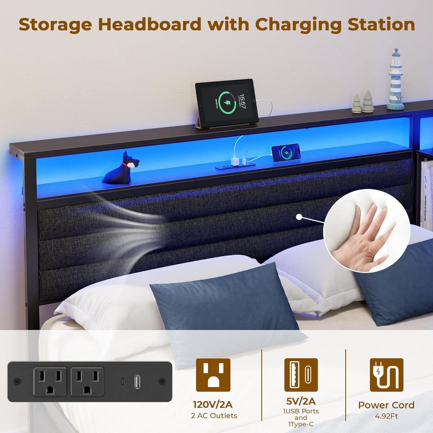 Full Size Bed Frame with Headboard and Storage Drawers, Full Metal Platform Corner Bed Frame with Charging Station and LED Lights, Heavy Duty Strong Support Slats and Easy to Assemble, Black