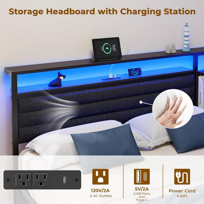 Full Size Bed Frame with Headboard and Storage Drawers, Full Metal Platform Corner Bed Frame with Charging Station and LED Lights, Heavy Duty Strong Support Slats and Easy to Assemble, Black