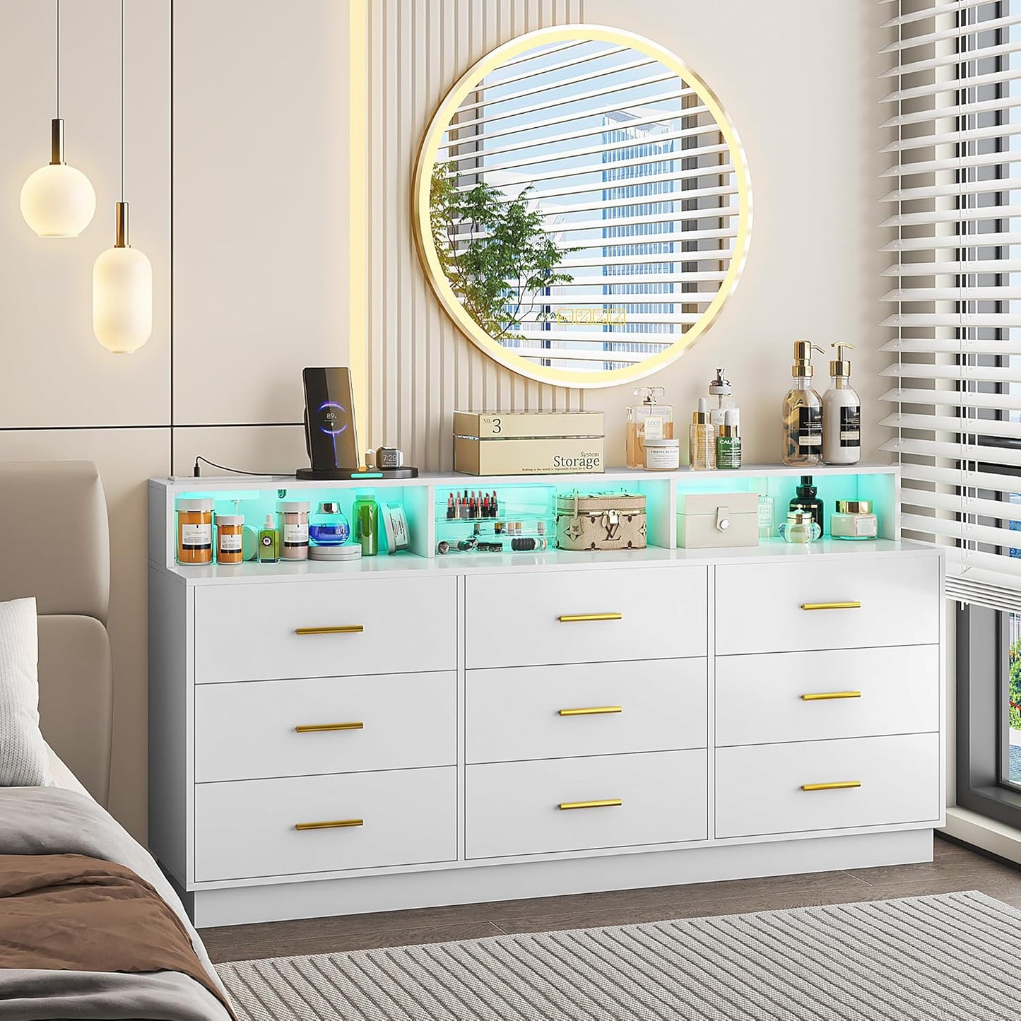 White 9 Drawer Dressers for Bedroom, Modern Large Dresser with LED Light and Power Outlet, Wooden Long Dresser for Bedroom, Entryway, Hallway