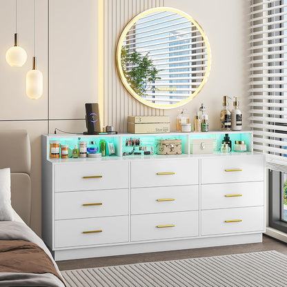 White 9 Drawer Dressers for Bedroom, Modern Large Dresser with LED Light and Power Outlet, Wooden Long Dresser for Bedroom, Entryway, Hallway