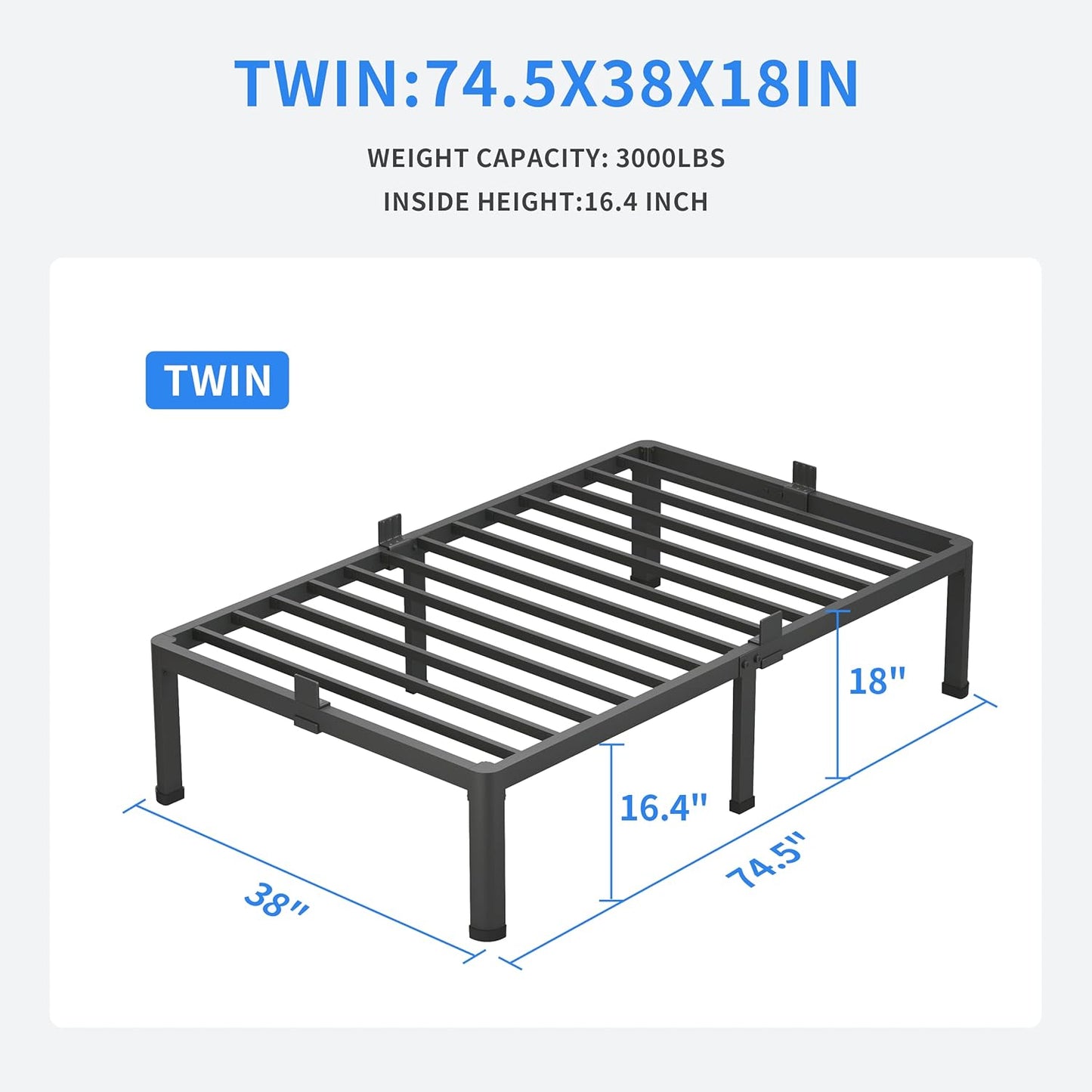 18 Inch Twin Bed Frames with round Corner Legs Mattress Slide Stopper No Box Spring Needed Heavy Duty Metal Platform Bed Frame Under-Bed Storage Space, 3000 LBS Steel Slats Support