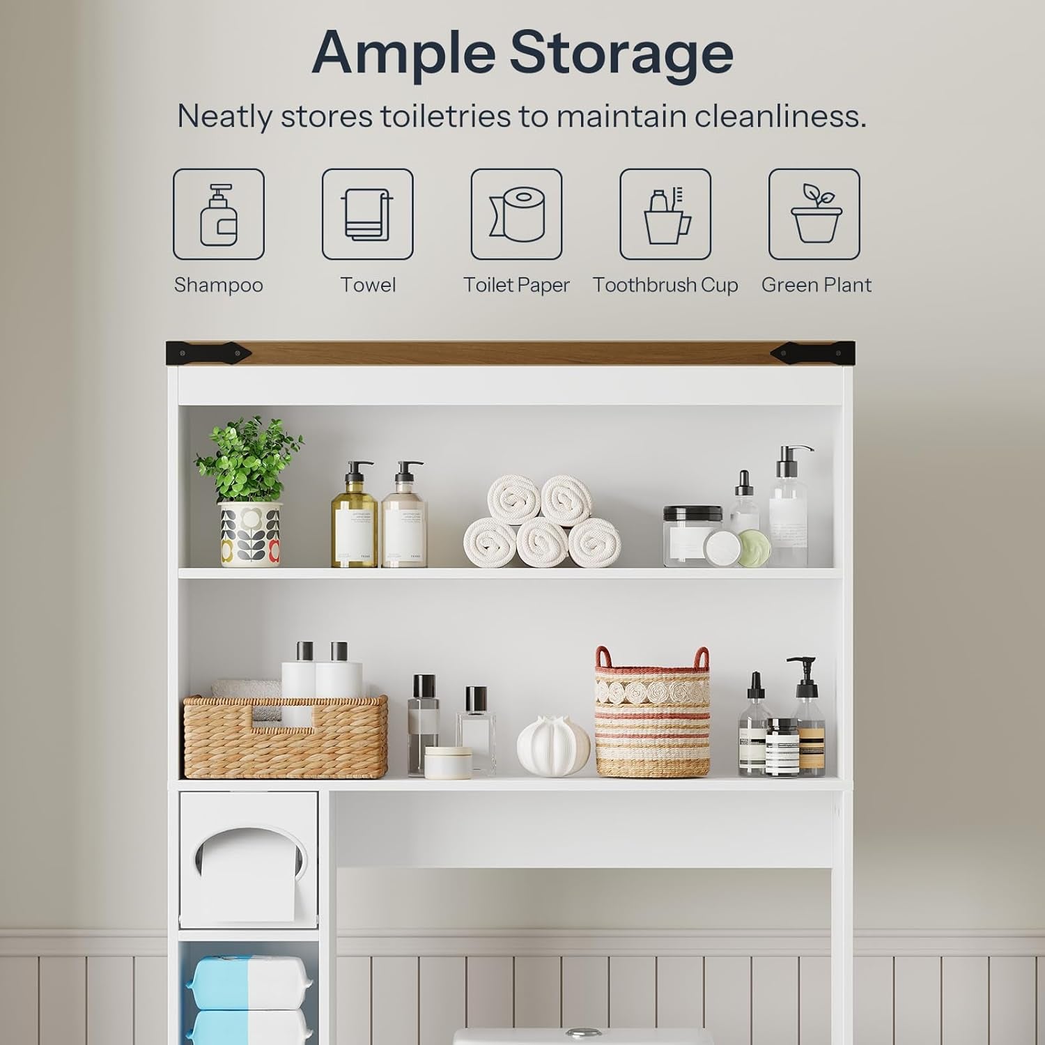 Over-The-Toilet Storage Rack, 3-Tier Freestanding Bathroom Shelves, Wooden Bathroom Organizer with Toilet Paper Holder, Farmhouse Space Saver, Laundry Room, White and Walnut WH20TS01