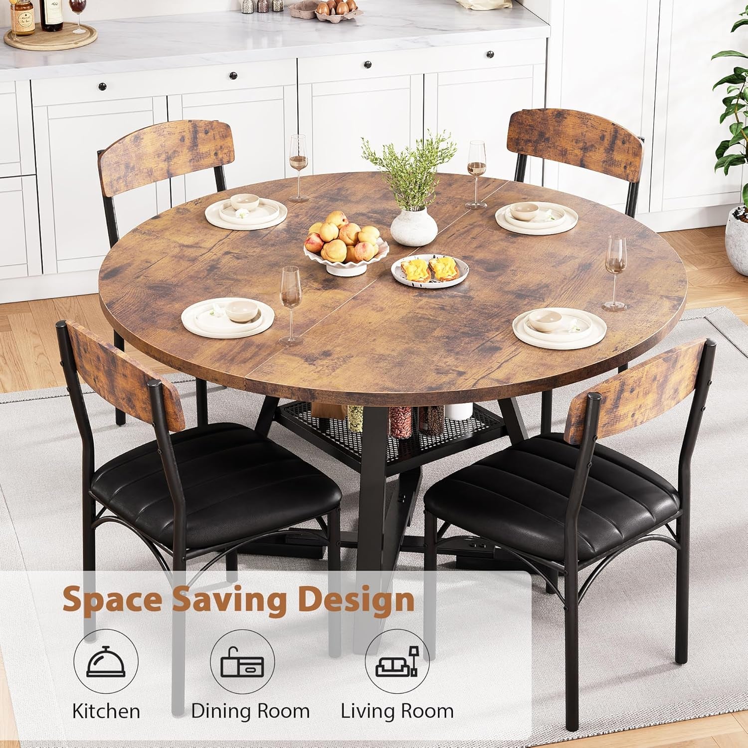 Round Dining Table Set for 4, Kitchen Table and Chairs for 4, Circle Table round Pedestal Dining Room Dinner Dinette Table Set,5 Piece Space Saving Wood Kitchen & Dining Room Tables (Vintage, 42In)